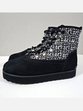 Larroude Vail Ankle Boot Womens 7.5 Black White Tweed Leather Cozy Winter NEW